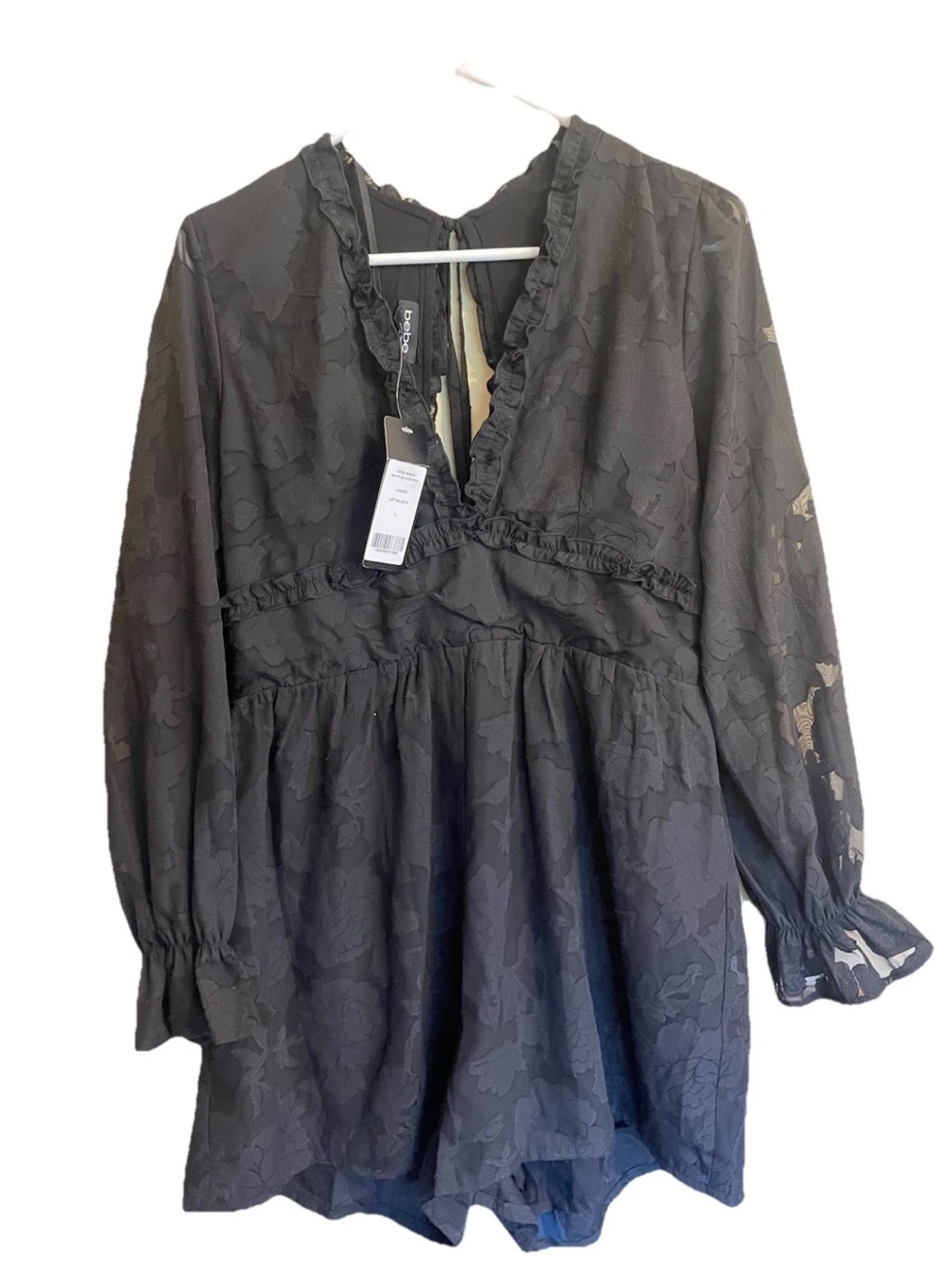 bebe Black Lace Long Sleeve Romper Wide Leg Dark Romance